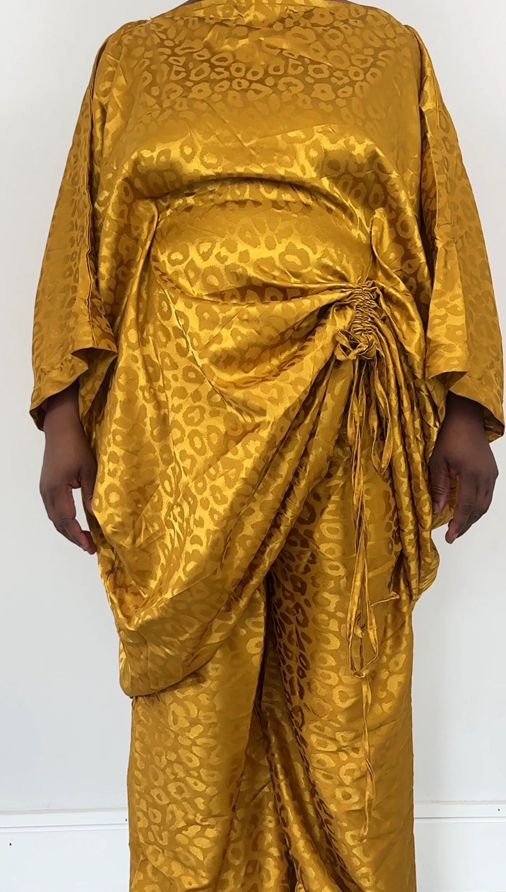 Yellow Ruched Leopard Print Handmade Bubu Dress with Matching Trousers