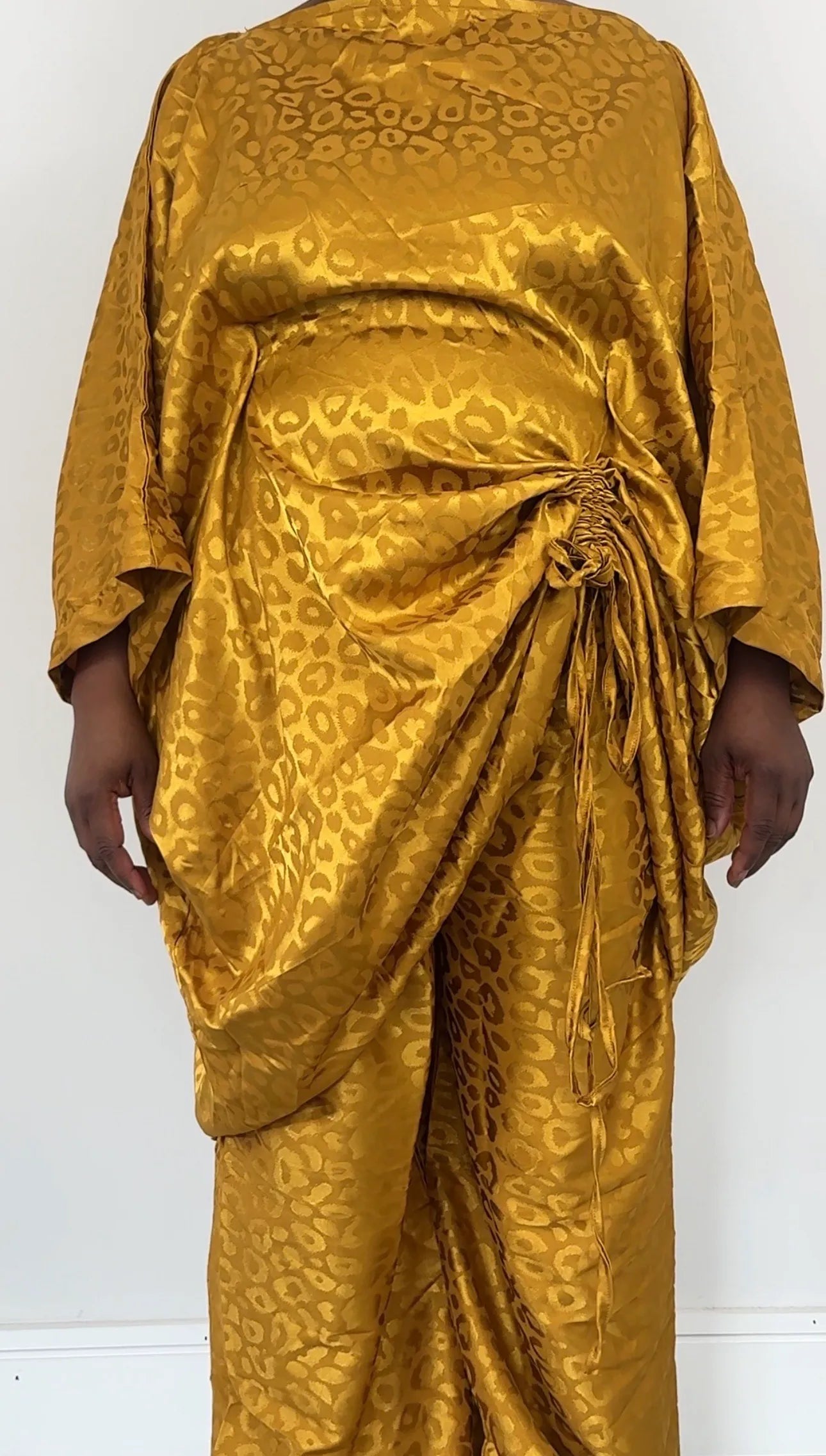 Yellow Ruched Leopard Print Handmade Bubu Dress with Matching Trousers