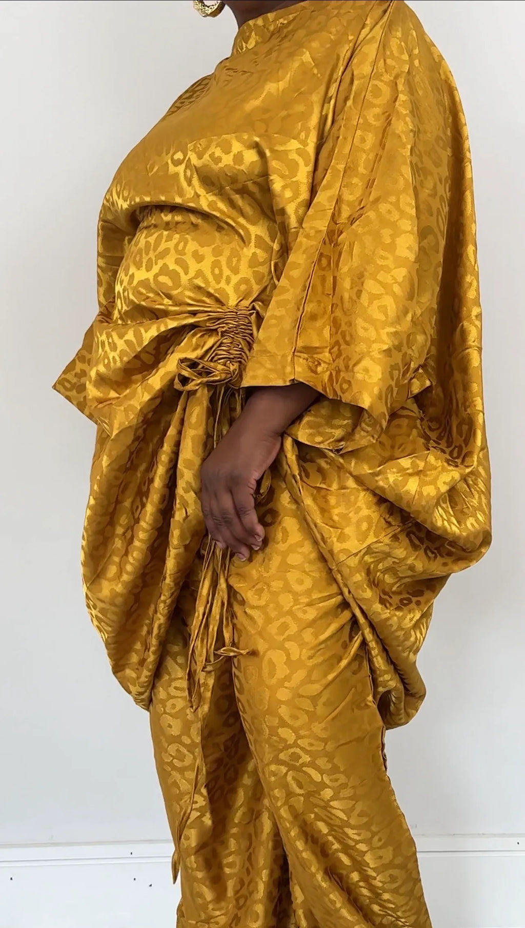 Yellow Ruched Leopard Print Handmade Bubu Dress with Matching Trousers