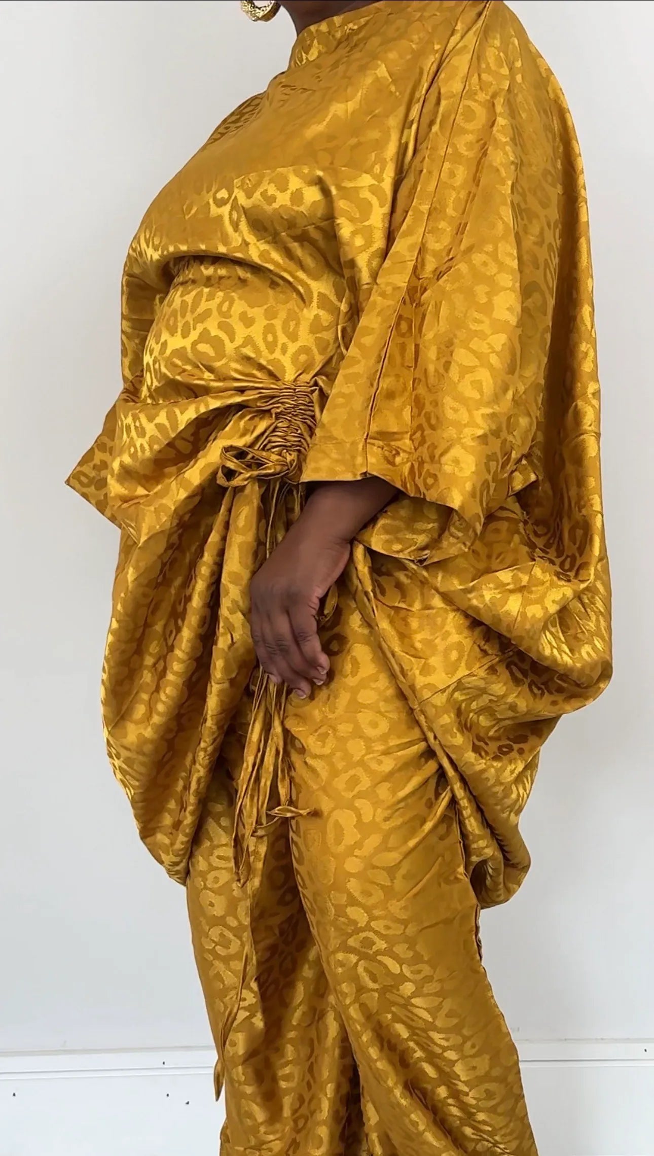 Yellow Ruched Leopard Print Handmade Bubu Dress with Matching Trousers