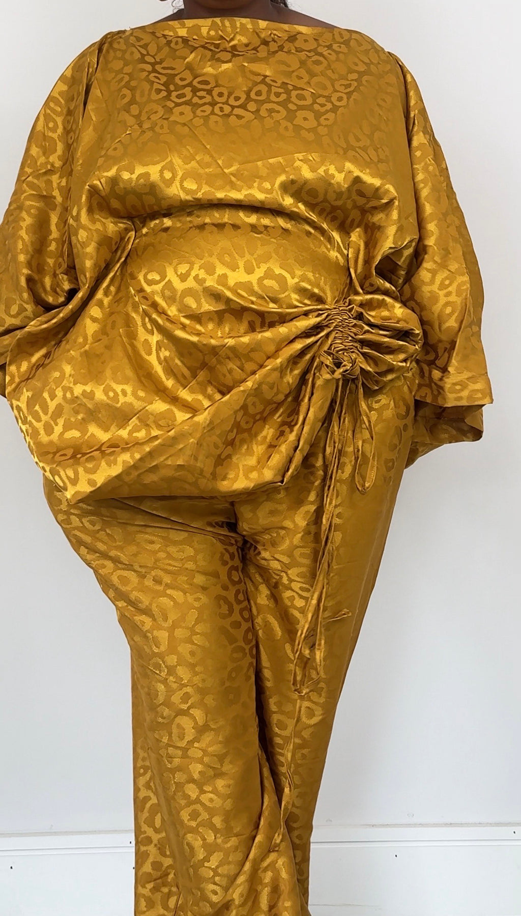 Yellow Ruched Leopard Print Handmade Bubu Dress with Matching Trousers