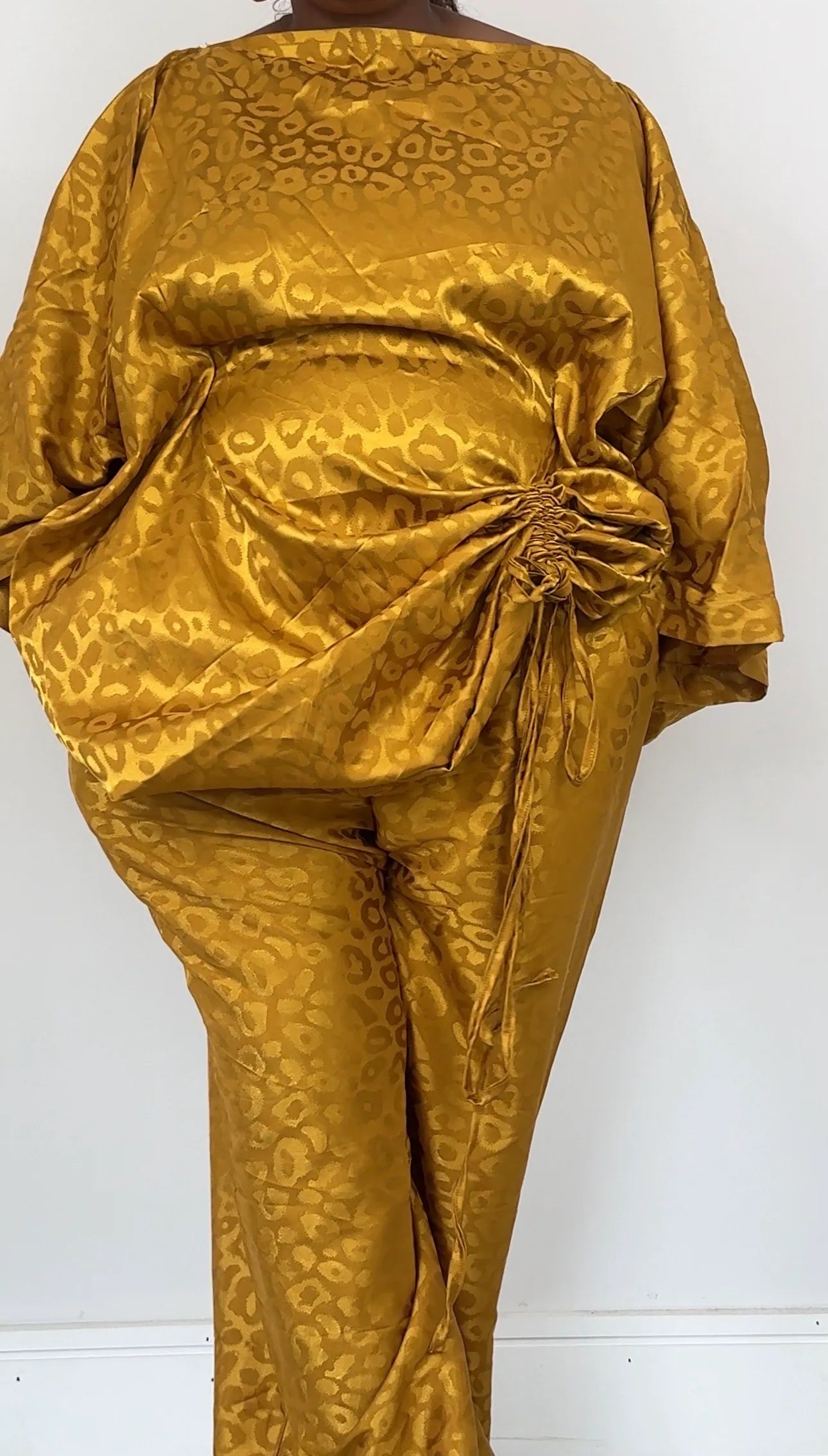 Yellow Ruched Leopard Print Handmade Bubu Dress with Matching Trousers