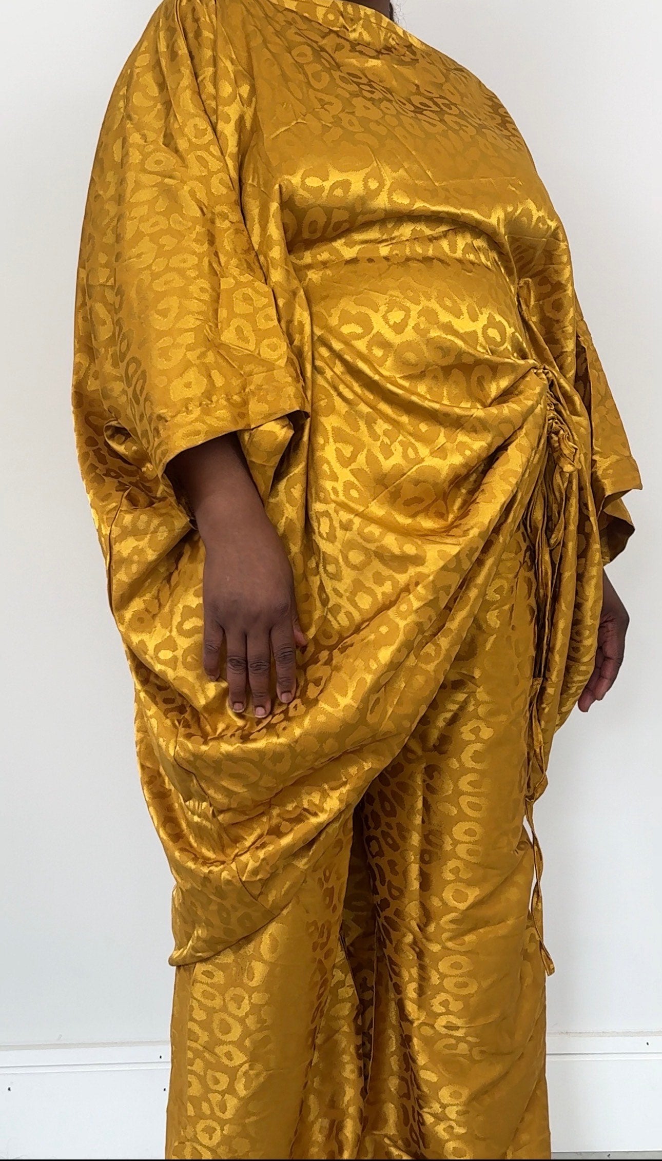 Yellow Ruched Leopard Print Handmade Bubu Dress with Matching Trousers
