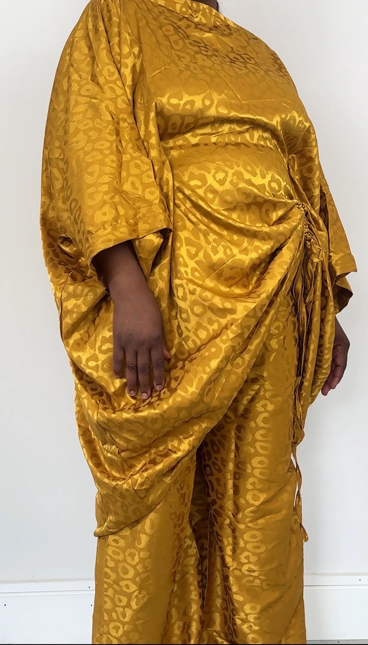 Yellow Ruched Leopard Print Handmade Bubu Dress with Matching Trousers