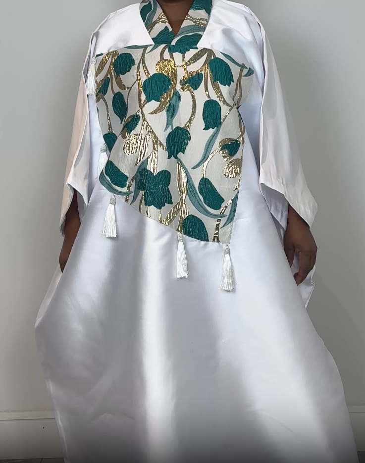 Handmade White, Green & Gold Bubu Dress