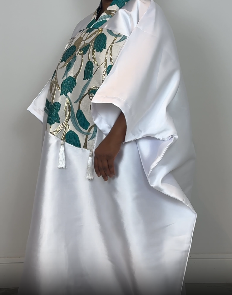 Handmade White, Green & Gold Bubu Dress