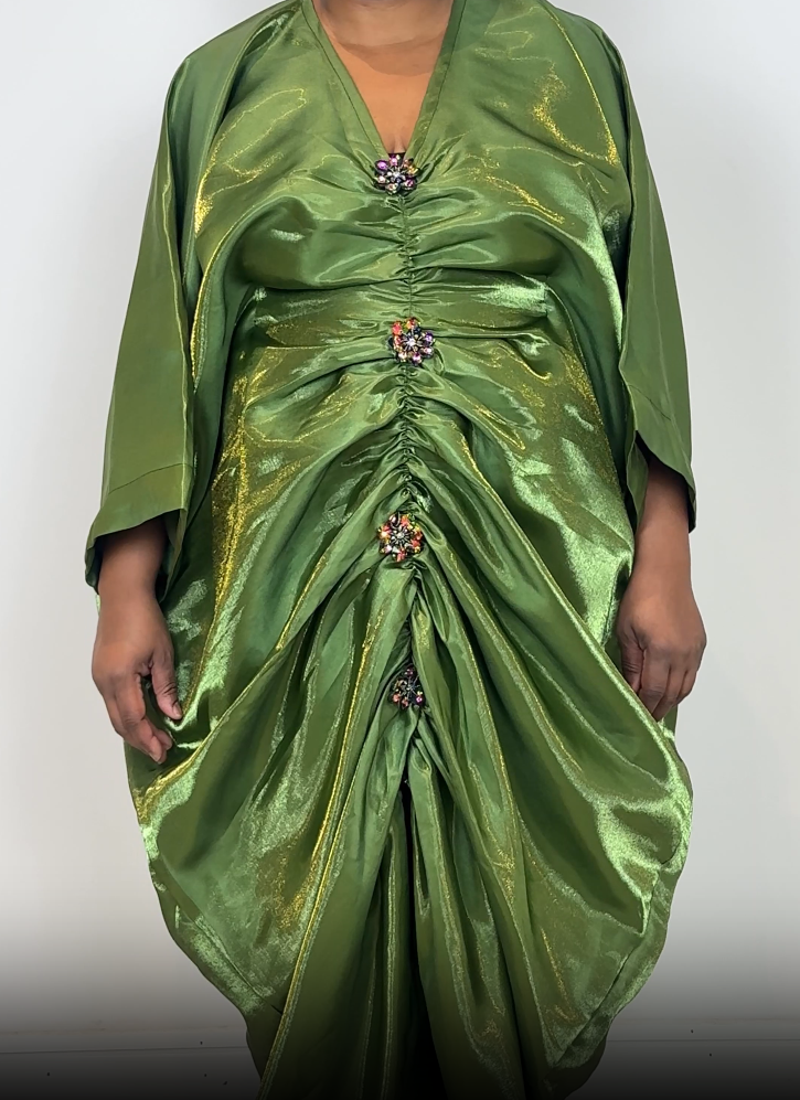 Green Liquid Satin Ruched Bubu Dress