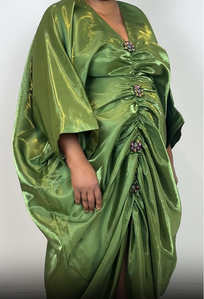 Green Liquid Satin Ruched Bubu Dress