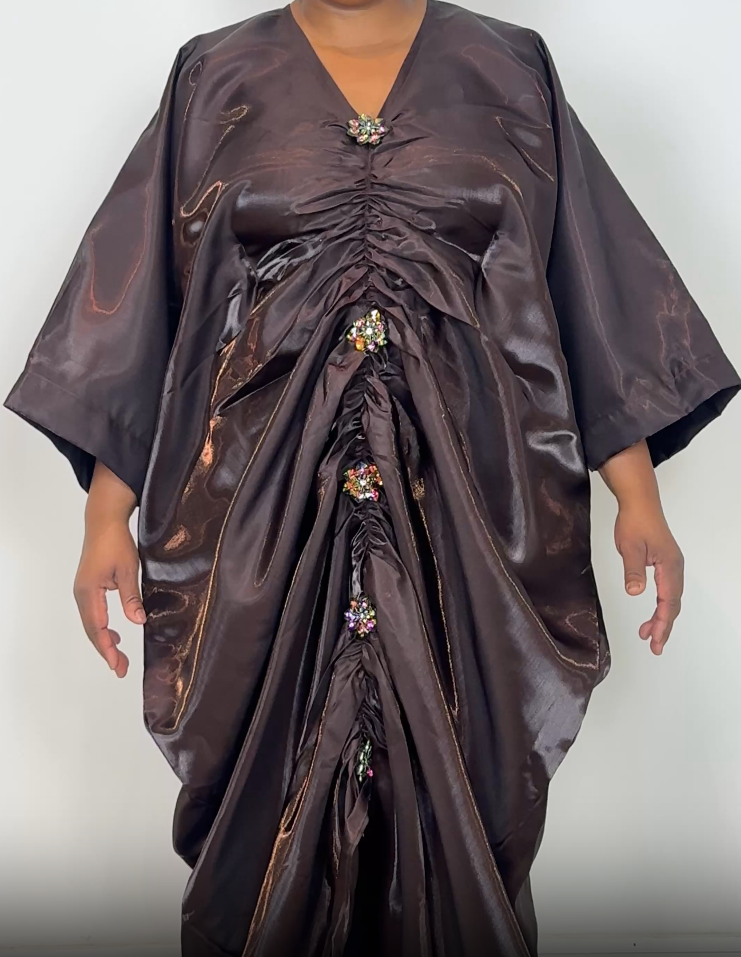 Brown Liquid Satin Ruched Bubu Dress