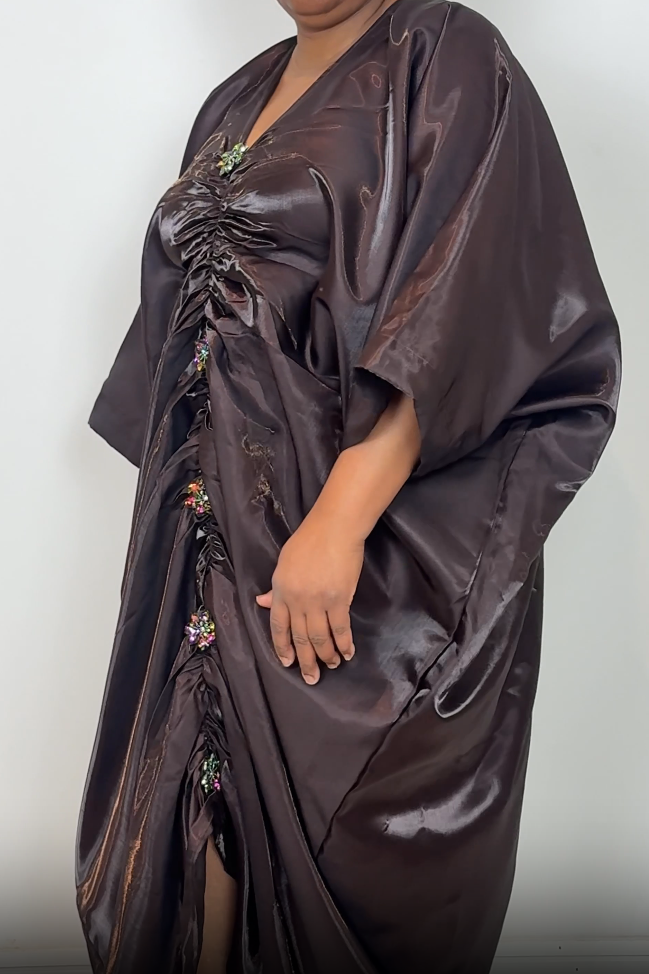 Brown Liquid Satin Ruched Bubu Dress