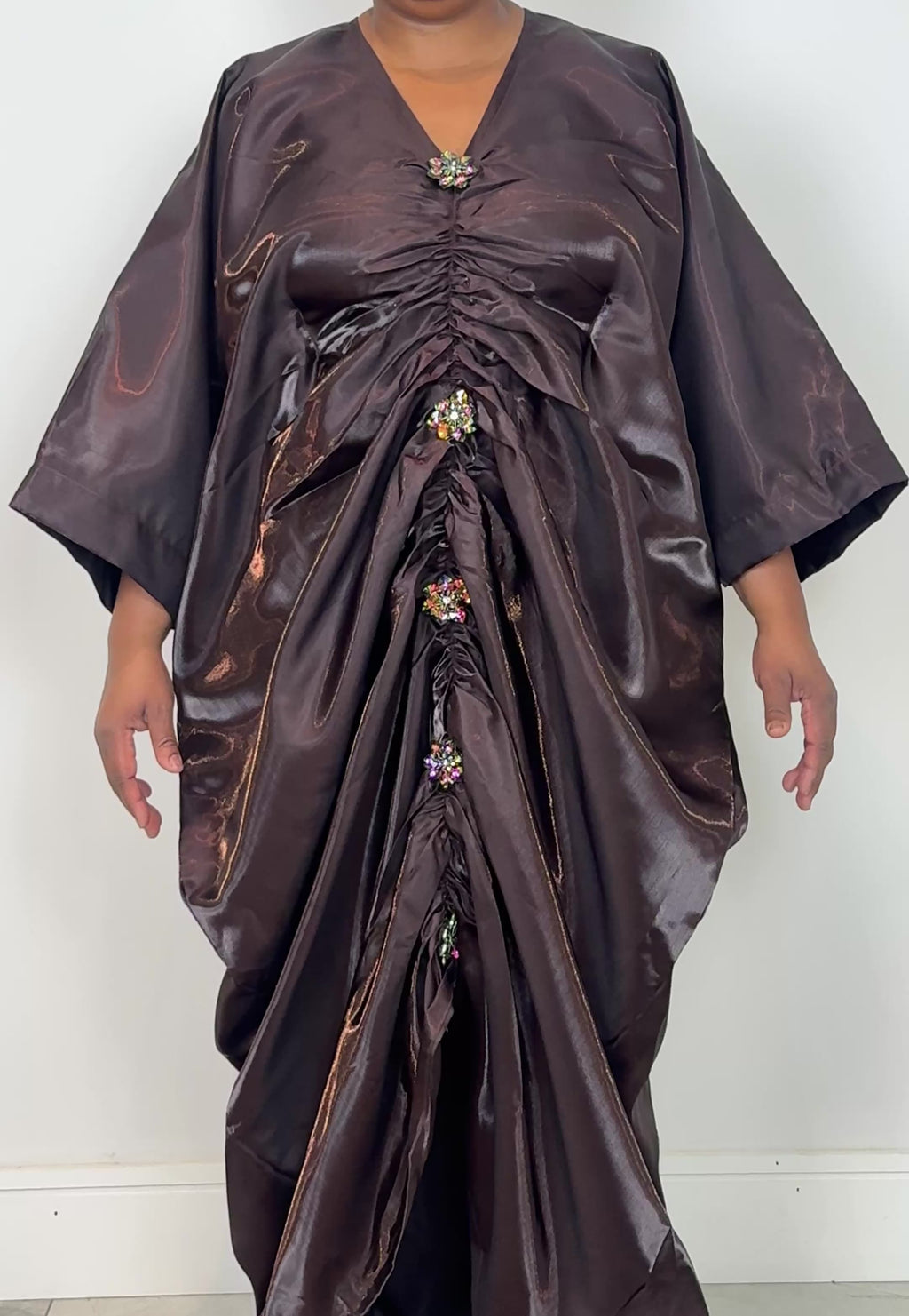 Brown Liquid Satin Ruched Bubu Dress