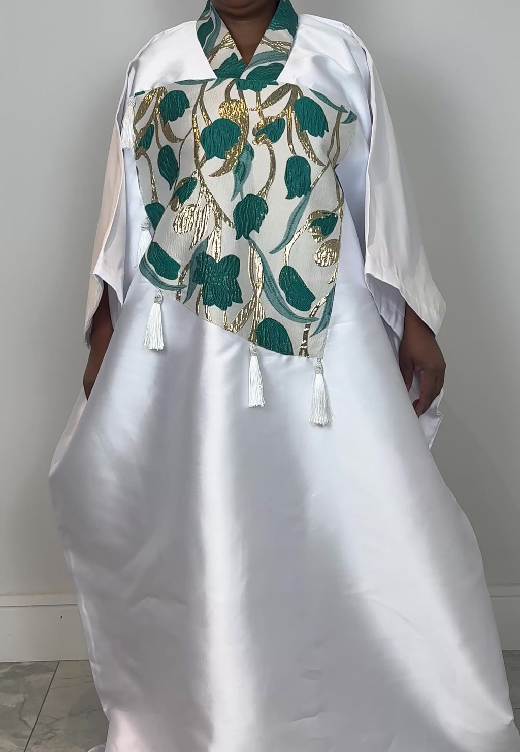 Handmade White, Green & Gold Bubu Dress