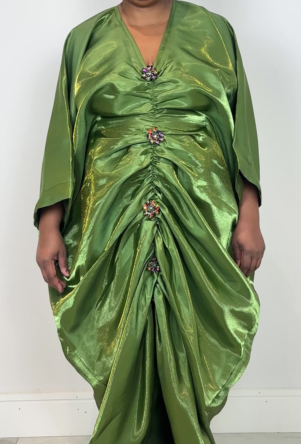 Green Liquid Satin Ruched Bubu Dress
